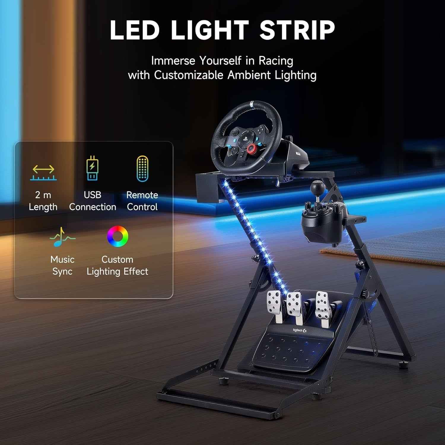 LED Strip Driving Game Sim Racing Frame Stand for Wheel Pedals Xbox PS PC