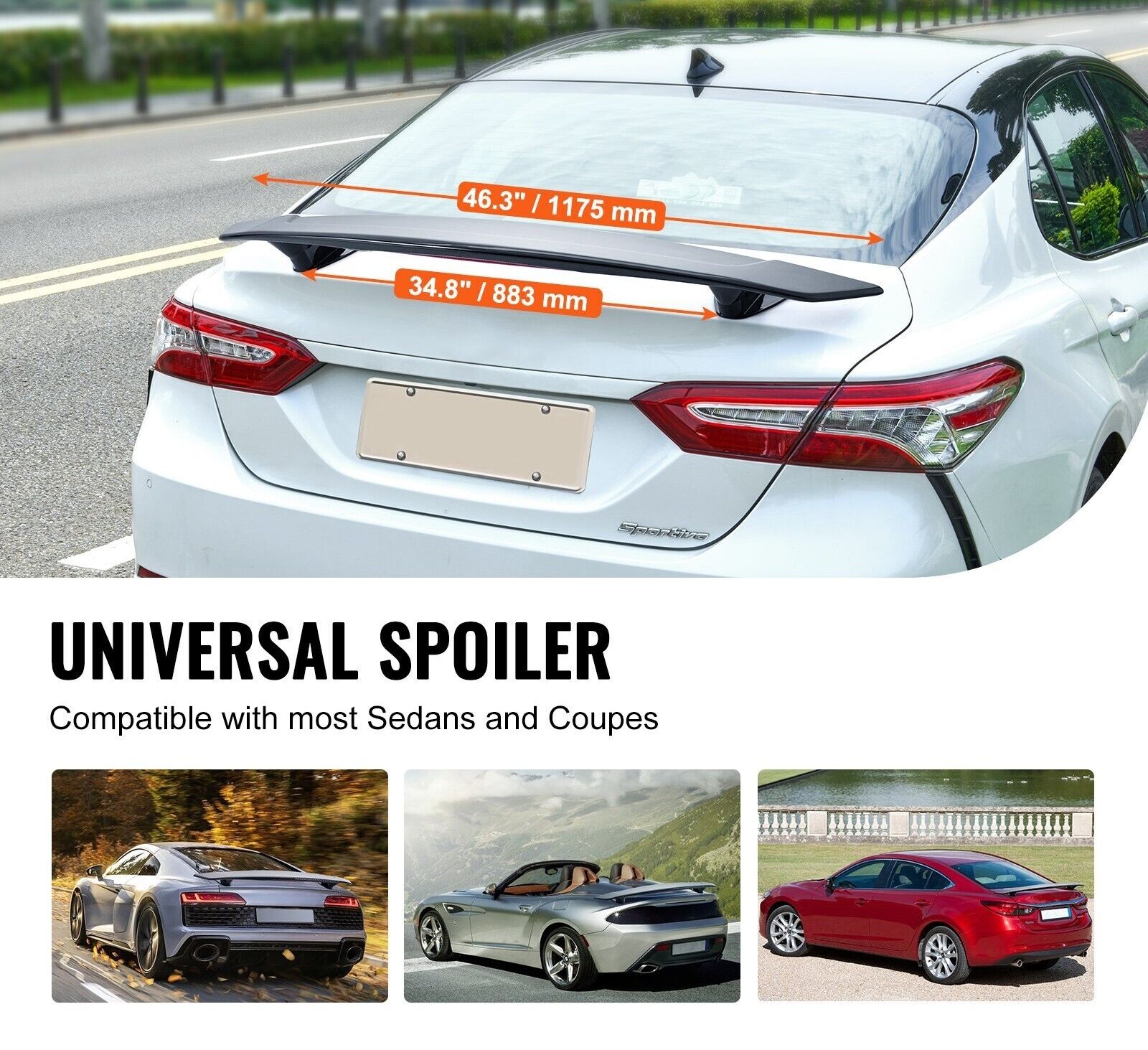 VGT 46" Universal Rear Wing Spoiler ABS Gloss Black BGW JDM Drift Saloon Coupe