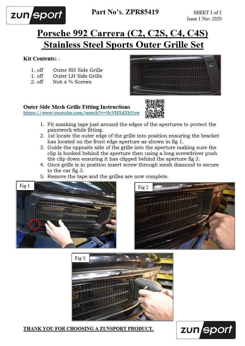 ZUNSPORT ZPR85619P Black Front Grille Set PORSCHE CARRERA 992 C2 C2S C4 C4S 3pcs