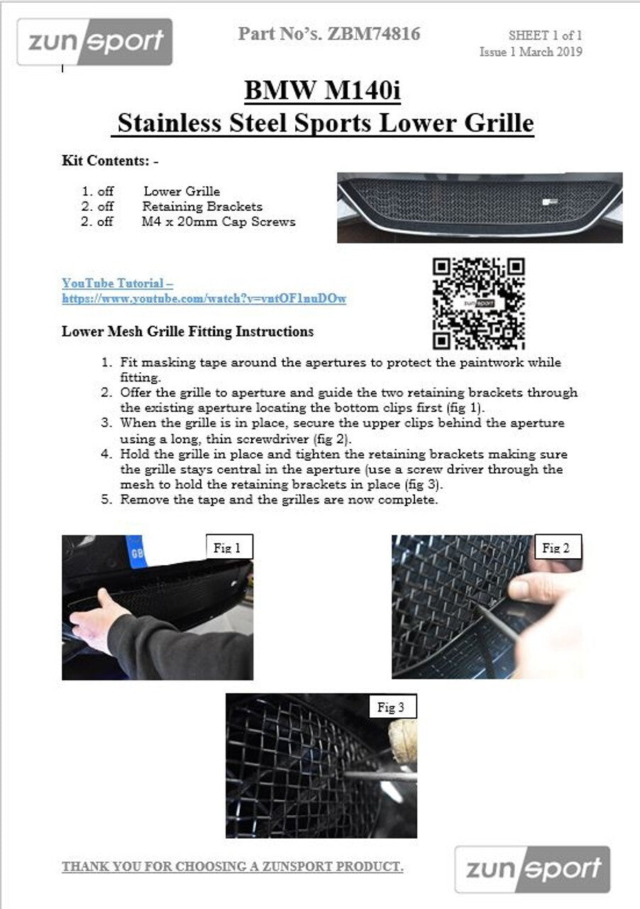 ZUNSPORT ZBM75016P BMW M140i Front Bumper Grille Set Black