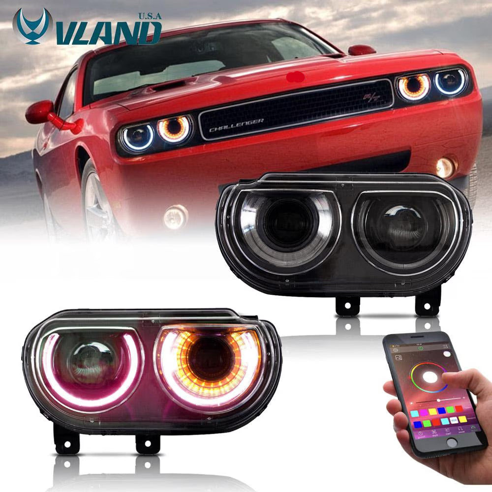 VLAND EU Pair Dodge Challenger 08-14 LED DRL RGB Colour Halo Headlights LHD