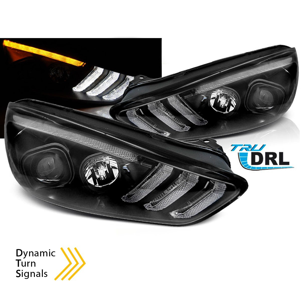 AMCP Pair LED DRL Halo Lightbar Headlights FOCUS MK3 15-18 Black LHD