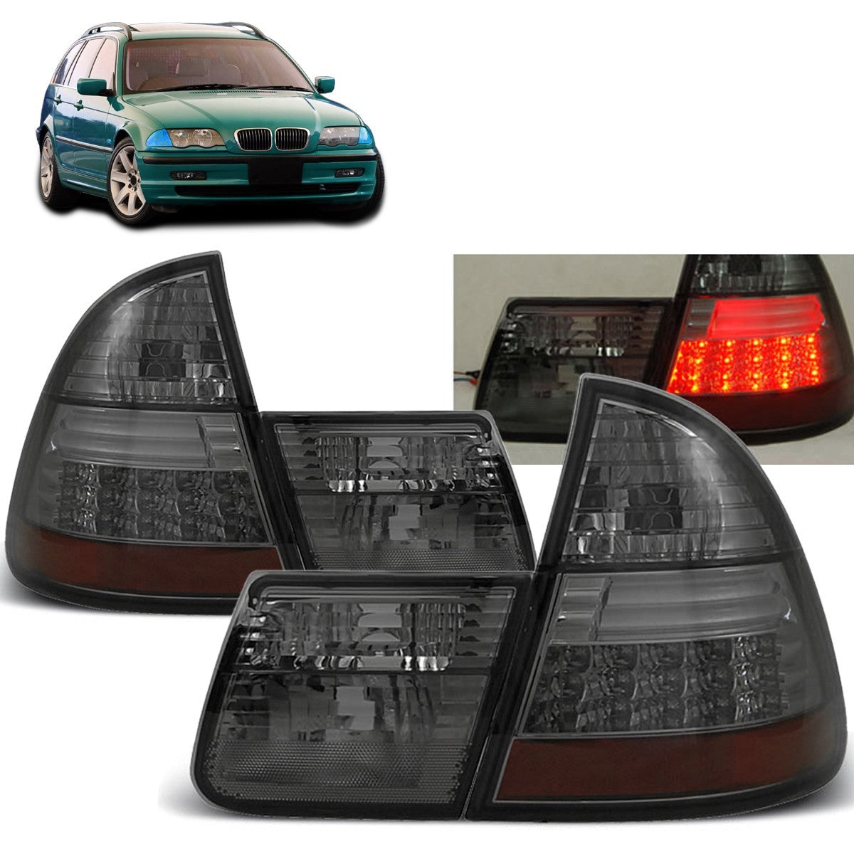 AMCP Pair LED Rear Lights Tail Lamps BMW E46 99-05 TOURING Smoke Black LHD