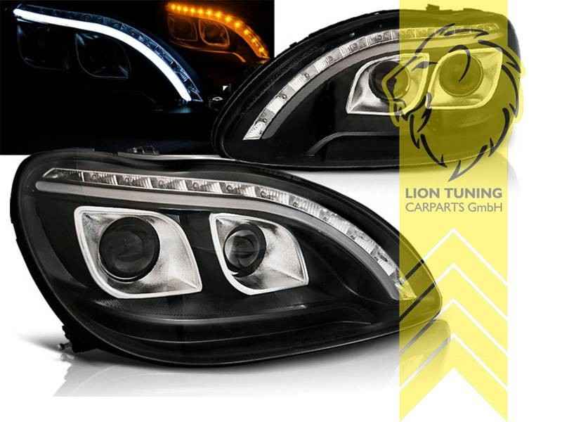 LTG Pair LED Halo DRL Headlights Mercedes S Class W220 98-05 Black EXPORT ONLY