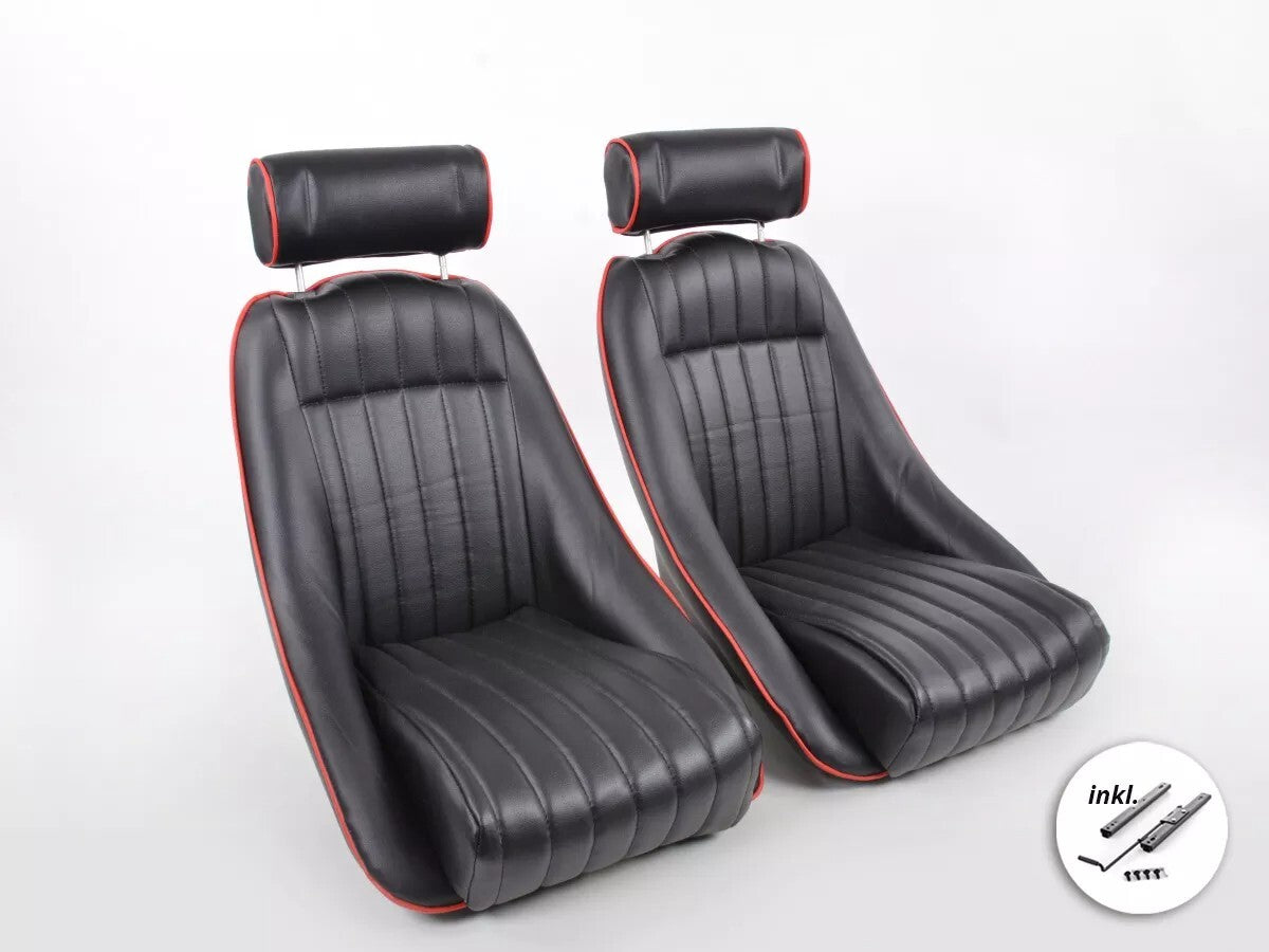FK Pair Classic II Retro Kit Car Bucket Sports Seats - Black Red Piping + slides
