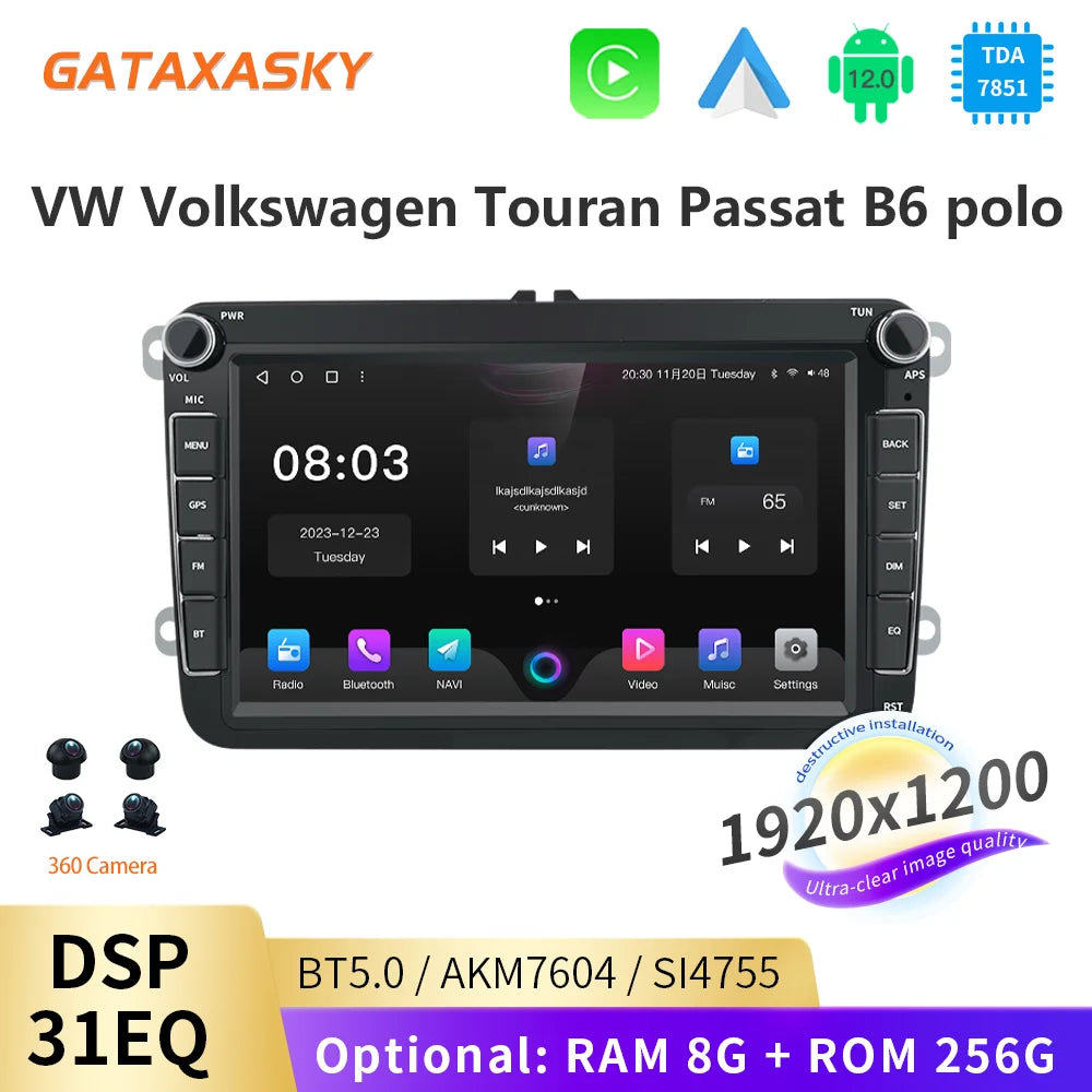 GATAXASKY 8" Car Radio multimedia player For VW Volkswagen Passat B7 B6 Golf Touran Polo Tiguan Jetta 2 din Android 12 Carplay