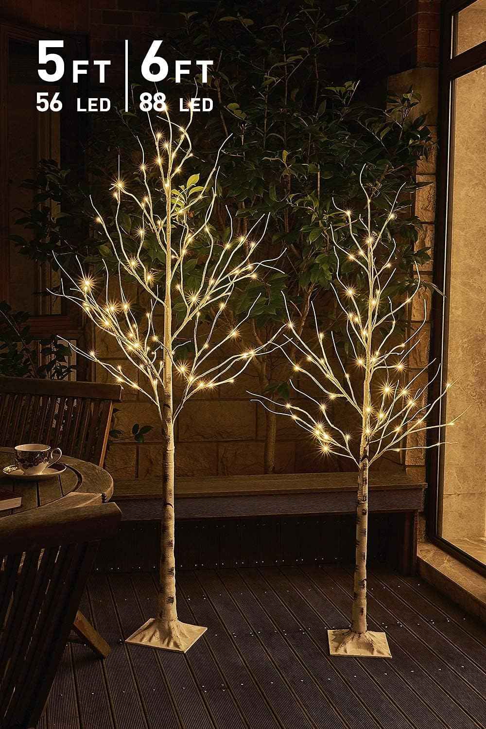 2PCS White Twig Tree Set 6FT & 5FT Birch Trees Warm White LED Lights EAMBRITE