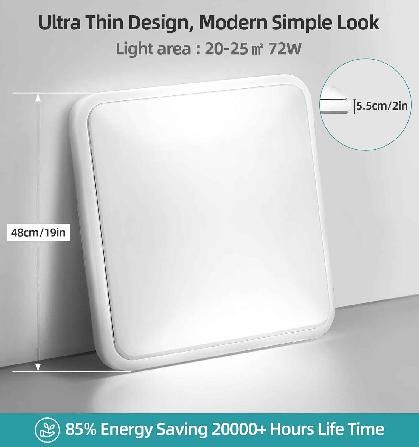 72W Modern 48cm LED Ceiling Light Square 6000K Daylight Flush Mount Lamp