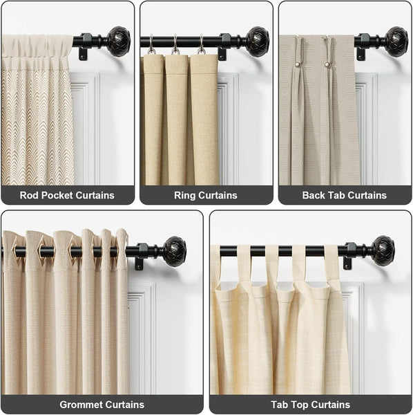 2pcs SZXIMU Curtain Pole 182-365cm (72-144''), Extendable, Netted Finials, Black