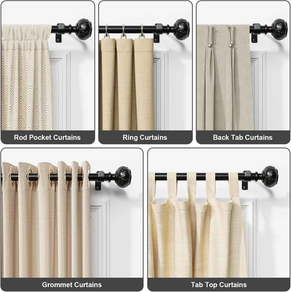 3pcs SZXIMU Curtain Pole 182-365cm (72-144''), Extendable, Netted Finials, Black