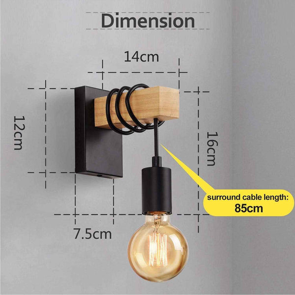 Wooden Wall Light 2 Pack Vintage Industrial E27 Rustic Sconce Black Lightess