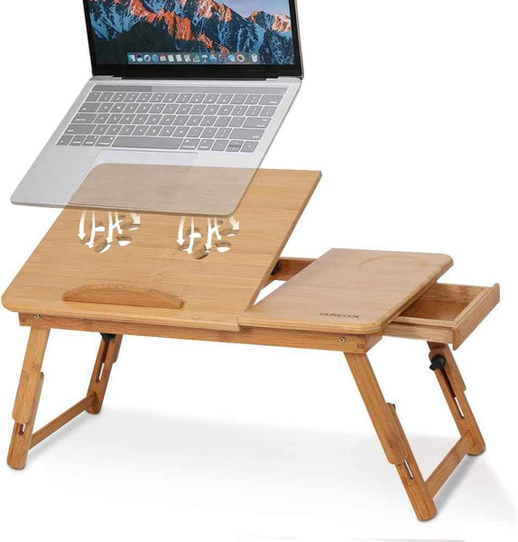 Bamboo Folding Laptop Desk – Adjustable Bed Tray with Drawer, Cup Slot & Vent