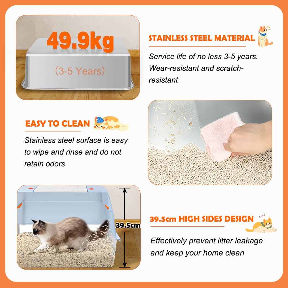 Vivifying Enclosed Stainless Steel Cat Litter Box with Lid, High-Sided, Removable and Metal Leak-Proof Stainless Steel Cat Litter Tray with Scoop, Steps and Mat (Black)