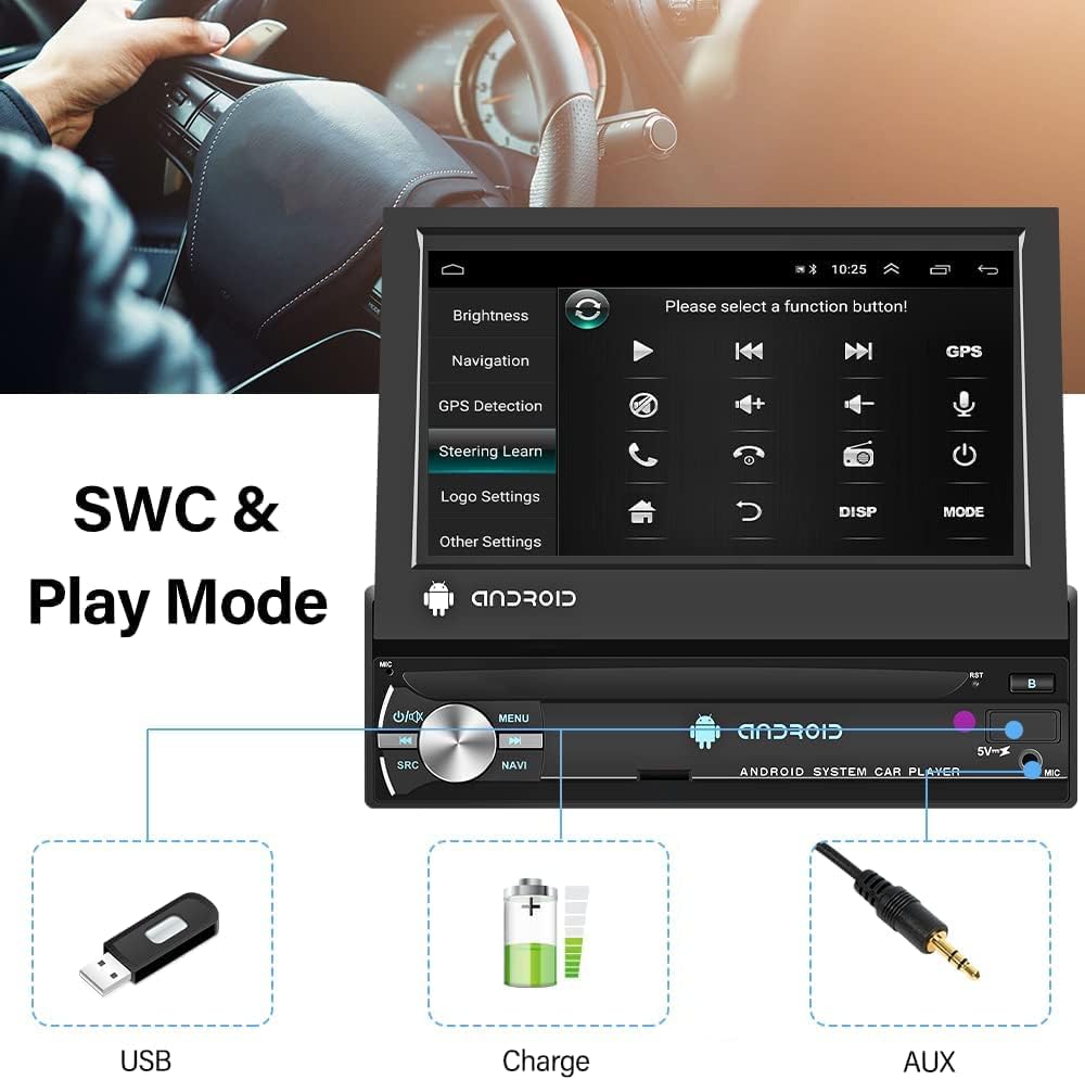 7" Android 10 Single Din 1Din Car Stereo 7 Inch Manual Flip Out Touch Screen Car Radio Bluetooth with Sat Nav Mirror Link WIFI GPS FM RDS SWC USB + External Microphone + Reverse Camera