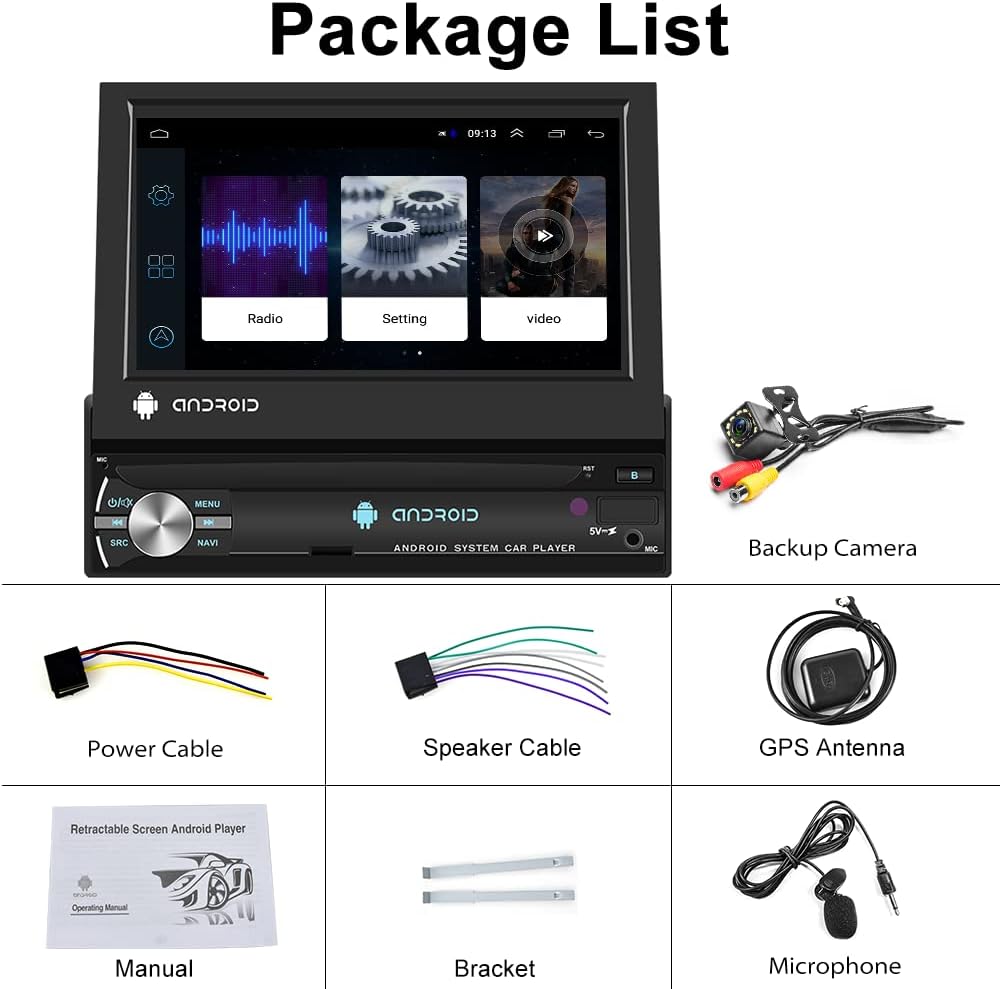 7" Android 10 Single Din 1Din Car Stereo 7 Inch Manual Flip Out Touch Screen Car Radio Bluetooth with Sat Nav Mirror Link WIFI GPS FM RDS SWC USB + External Microphone + Reverse Camera