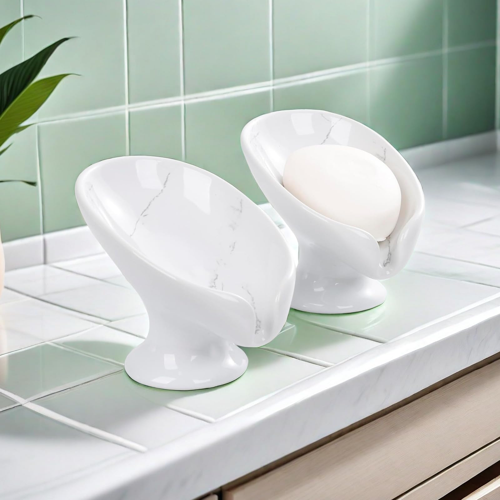 Umlaca Soap Dish Ceramic, Self Draining Soap Holder Keep Soap Dry, Leaf Shape Soap Tray Vintage, Suitable for Kitchen, Bathroom, Shower (Marbled Set