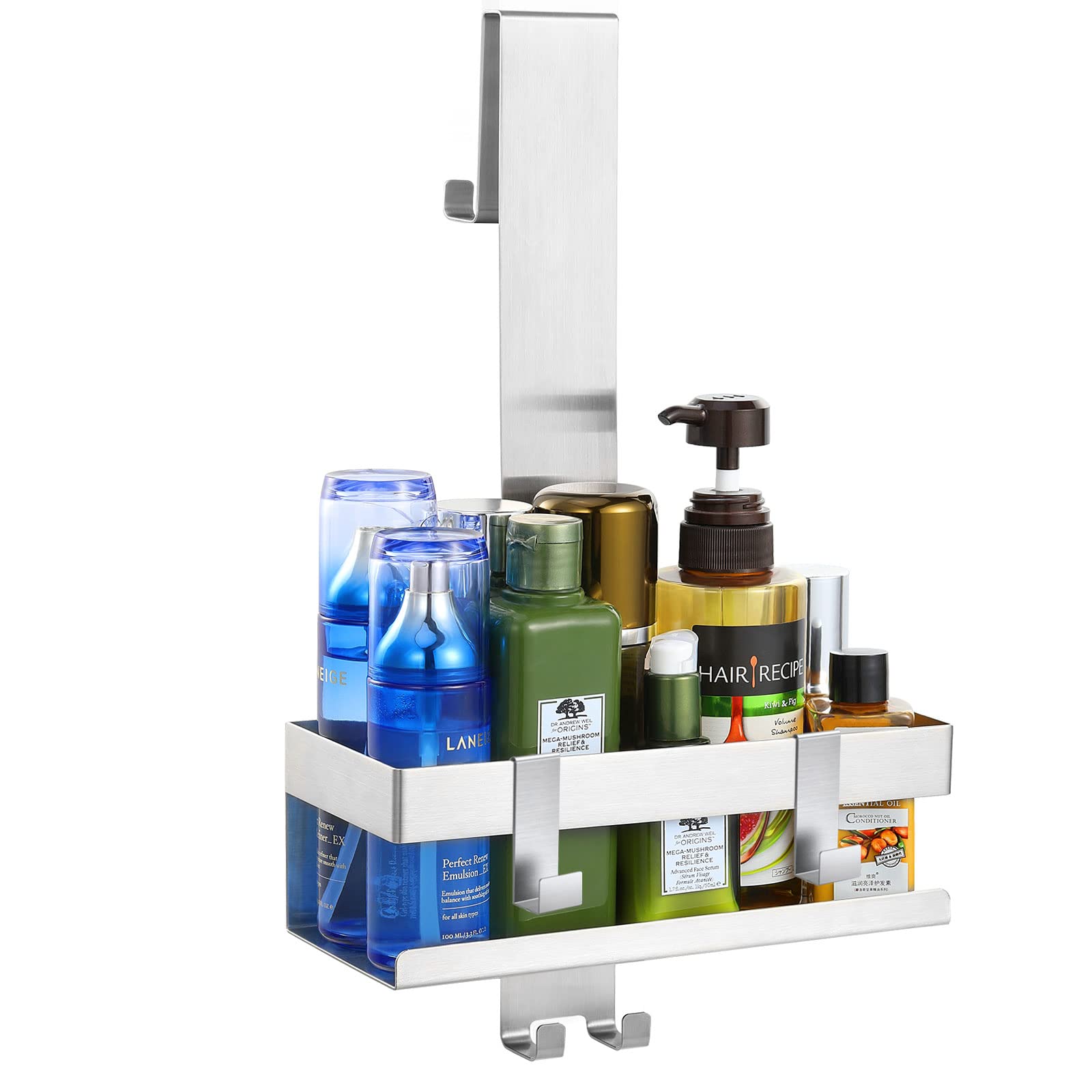 Emibele Stainless Steel Hanging Shower Caddy With Hooks - No Drilling Glass Shelf Basket for Bath Door, Lotion and Towel Holder, Silver