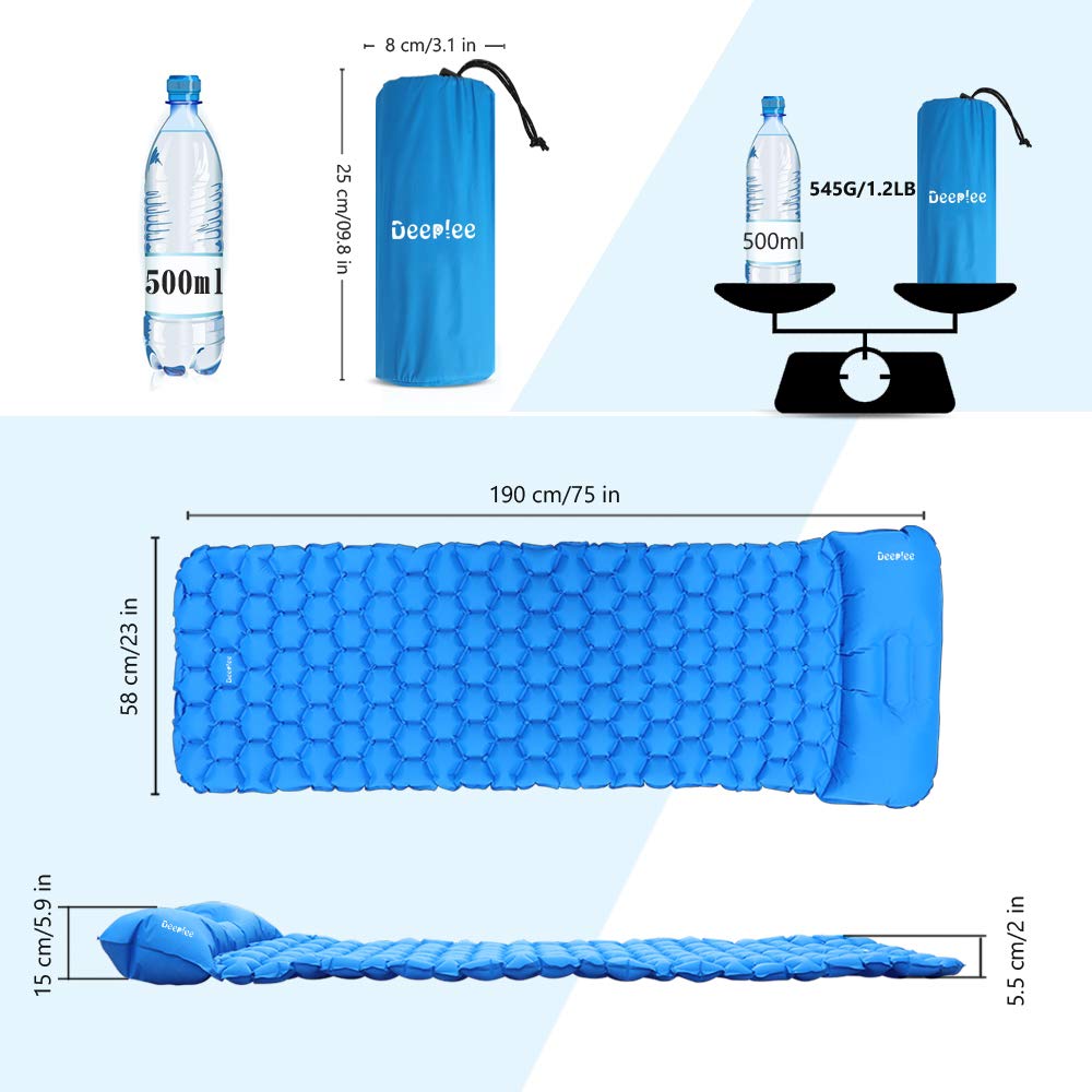 Deeplee Camping Mat, Self Inflatable Sleeping Mat with Pillow, Ultralight Camping Bed Camping Roll Mat Sleeping Pad for Outdoor Backpacking, Camping, Hiking