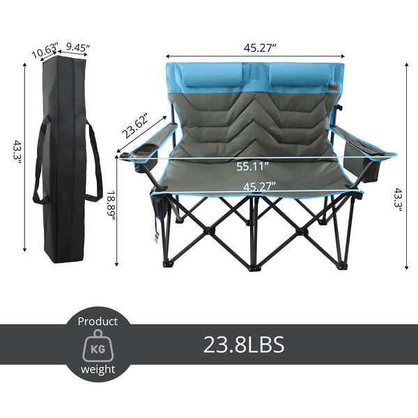 Outdoor Folding Camping Chair -Oversize Camping Chairs for Adults,Support 400lbs with Pillows & Cup Holders & Cooler Bags- Heavy Duty Collapsible Chairs for Sports Garden Beach Fishing(Grey Blue)