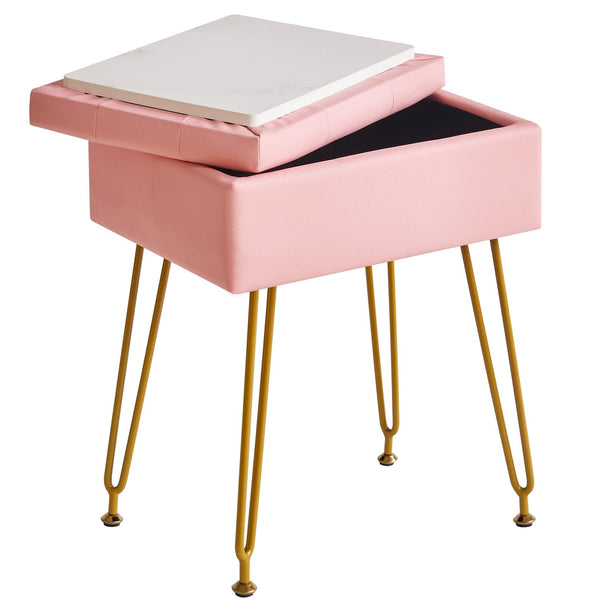 IBUYKE Multifunctional Storage Vanity Stool with Flip Tabletop, Adjustable Metal Legs & PU Leather - 40x30x48cm Ottoman Footrest for Makeup, Living