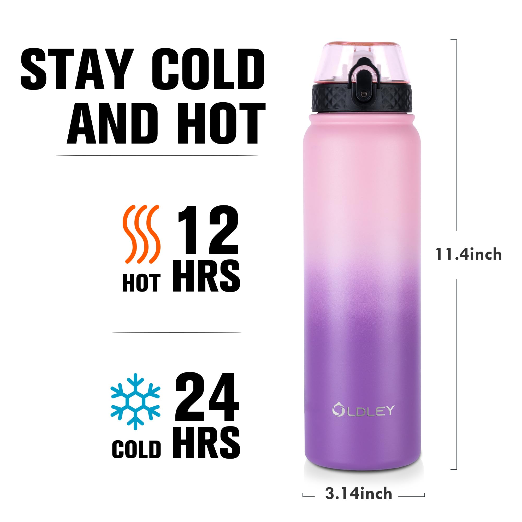 OLDLEY Stainless Steel Water Bottle with Straw 1L Vaccum Insulated Large Drink Flask Metal Water Bottles 1 Litre Leakproof Keep Drinks Hot Cold for Sports Gym with Different Lids(Purple Green, 3 Lids)