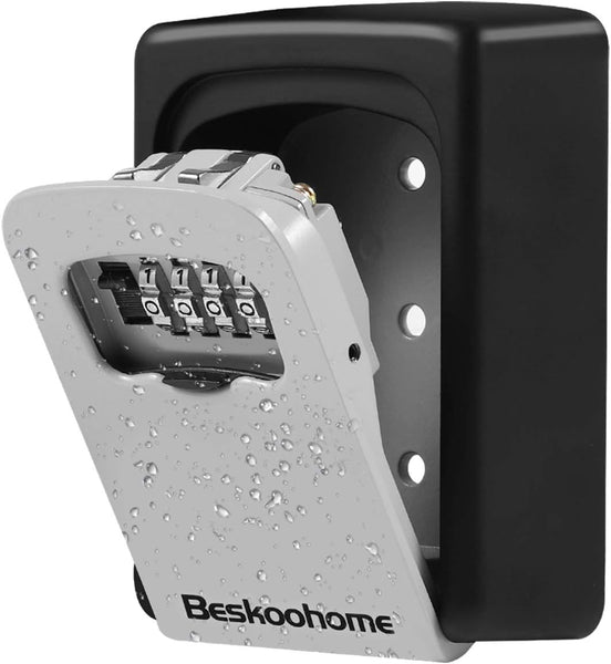 Key Safe Wall Mounted Lockbox - BeskooHome Waterproof Combination Key Lock Box, Zinc Alloy Key Storage with Slide Cover, Resettable Code, for House Spare Keys, Airbnb, Garage - Mounting Kit included