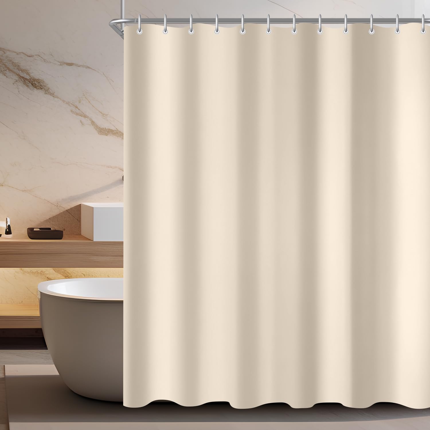 Lerores Shower Curtain 150 x 180 cm(59x70 inch) Beige, Weighted Hem Anti-Mold Textile, Water-Repellent, Washable Polyester Fabric Bath Curtain for
