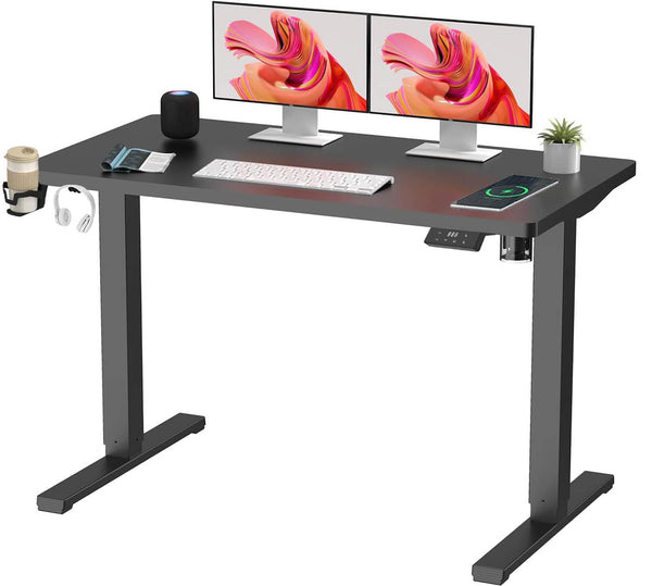 SANODESK QS1+140 * 60 Electric Standing Desk Height Adjustable Standing Desk With Memory Smart Panel Sit Stand Table With Hooks and Cupholder for Home Office （Black Frame+ Black Desktop）