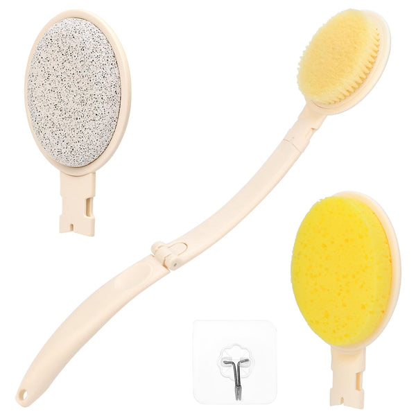 QWORK? Back Scrubber for Shower, Foldable Long Handled Back Cream Applicator,with Three Brush Heads and Hook