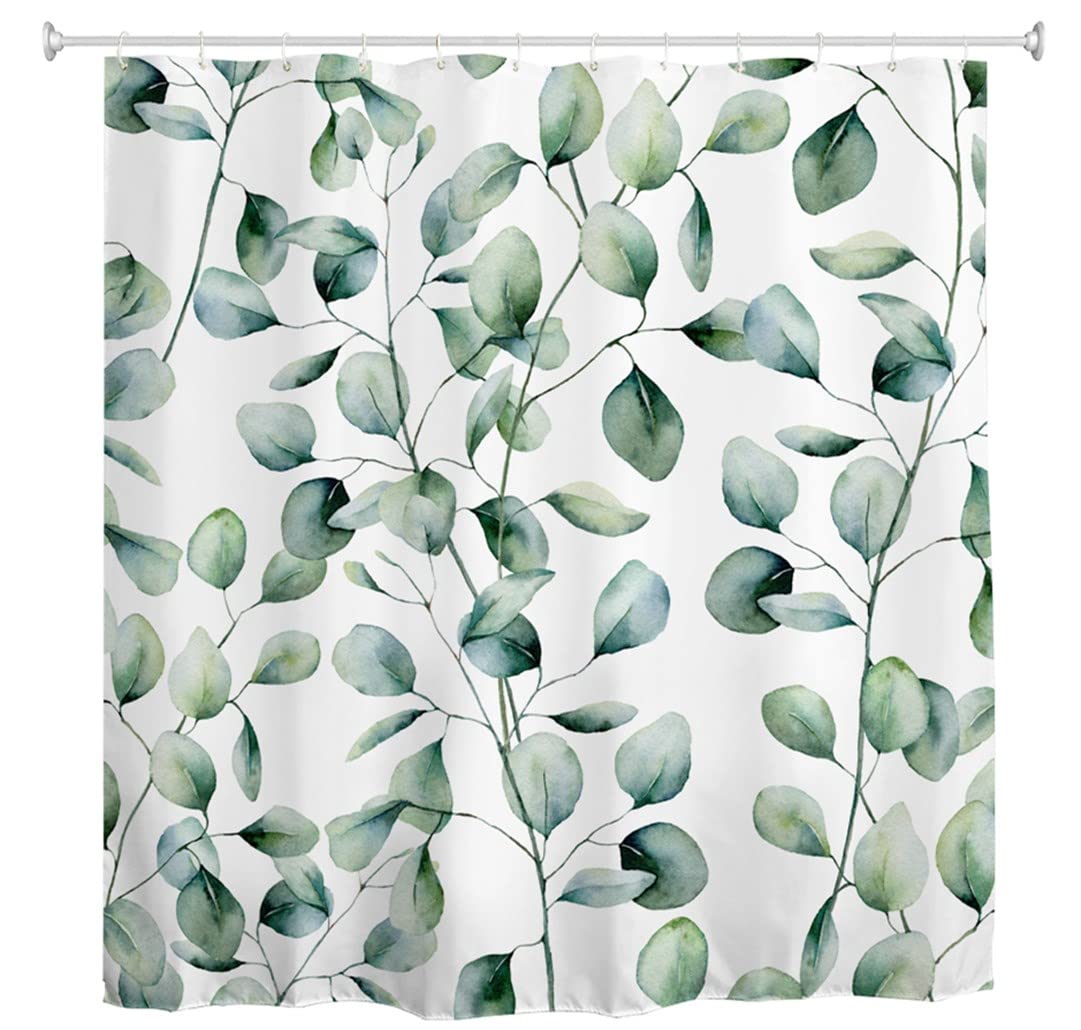 goodbath Leaf Shower Curtain, Green Eucalyptus Leaves Anti Mould Fabric Waterproof Bath Curtains for Bathroom Bathtub, 180 x 180 cm