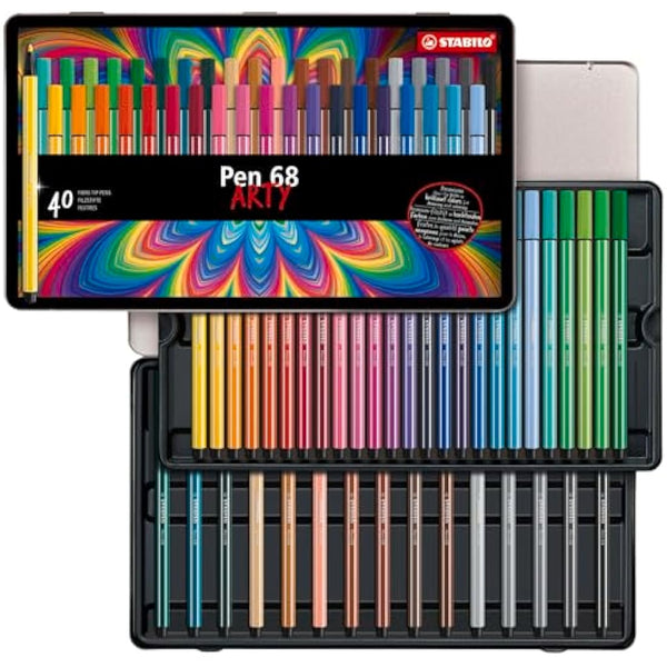 STABILO Pen 68 - Premium Fibre-Tip Pen - ARTY - Tin of 40 - Assorted Colours