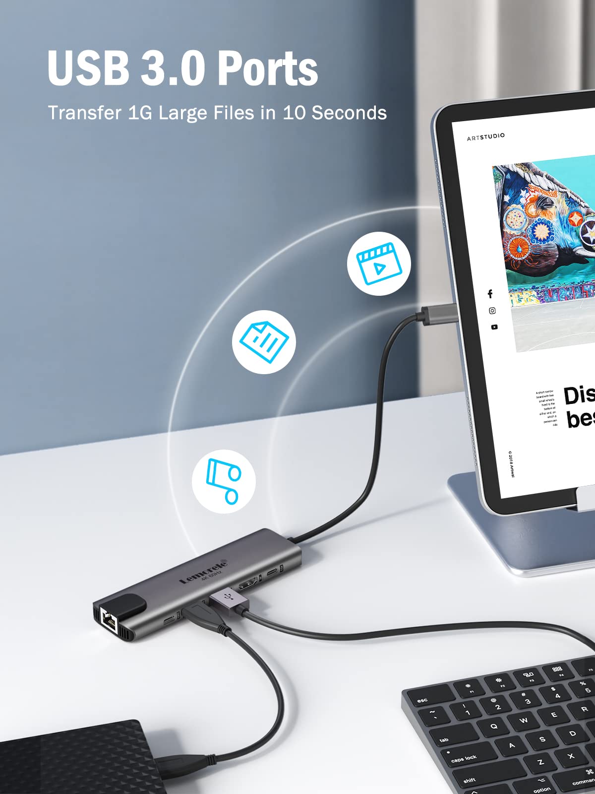 Lemorele 6-in-1 USB C Hub with 4K HDMI, Ethernet, 2 USB Ports, 100W PD Charging for MacBook Pro/Air M1, iPad Pro M1, Switch, Chromecast, PS4