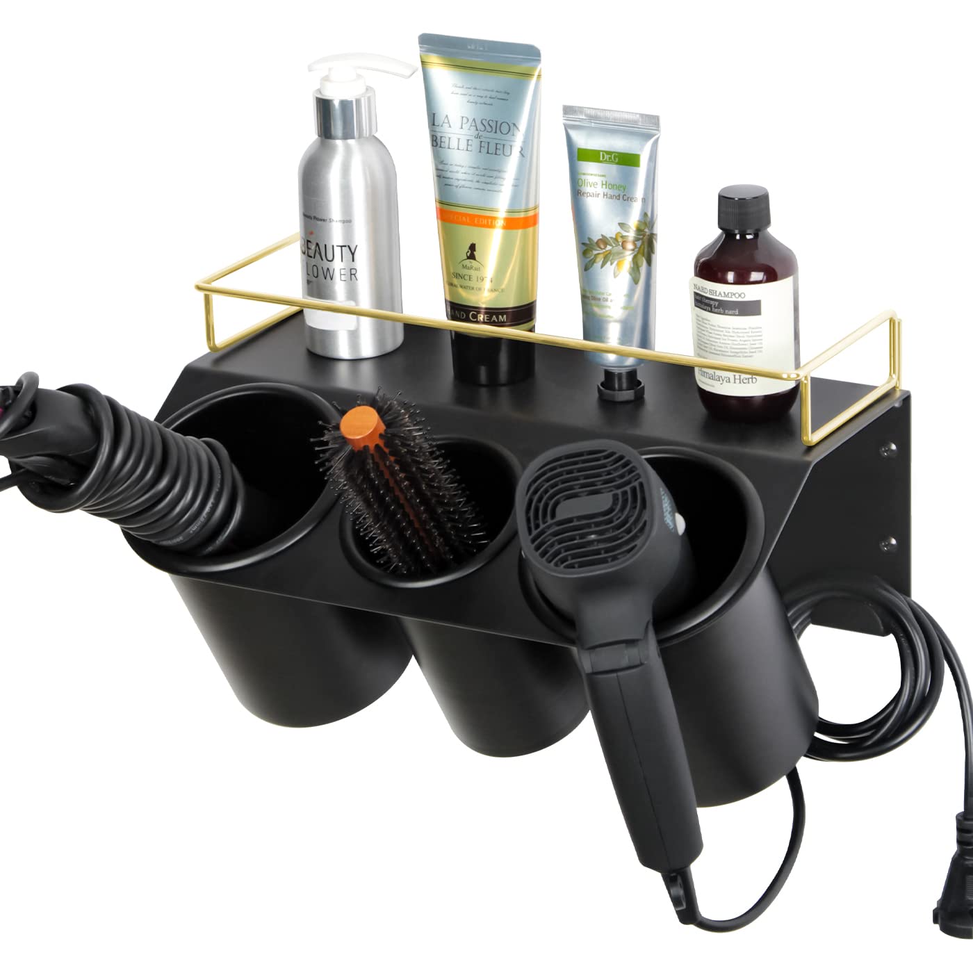 J JACKCUBE DESIGN Hair Dryer Holder Wall Mount Bathroom Vanity Hair Styling Care Tool Accessories 3 Cups Storage Organizer Caddy with Shelf Steel