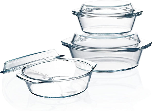 Set of 3 Small Casserole Dish with Lid, 0.65+1+1.4L, Round, Microwaveable, Oven Proof, Clear Covered Casserole Set
