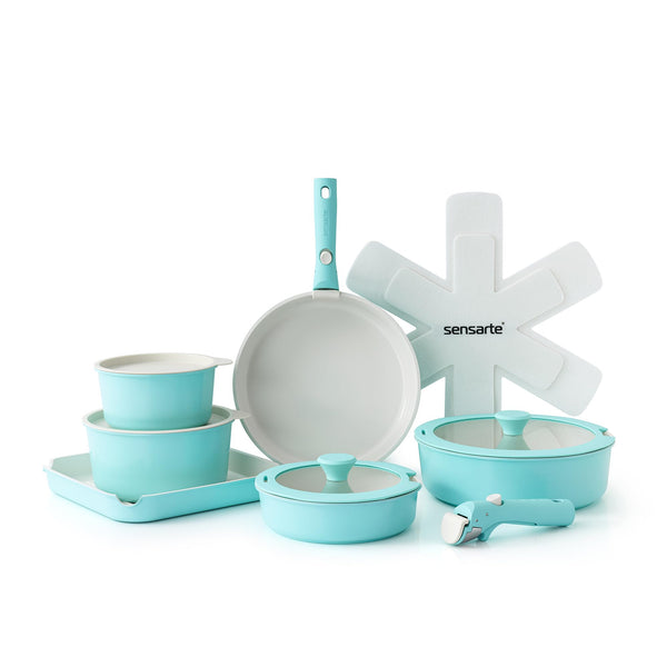 SENSARTE 17 Piece Pots and Pans Set, Nonstick Detachable Handle Cookware, Induction Kitchen Cookware Set with Removable Handle, Healthy Non Stick RV Cookware, Oven Safe (Black)