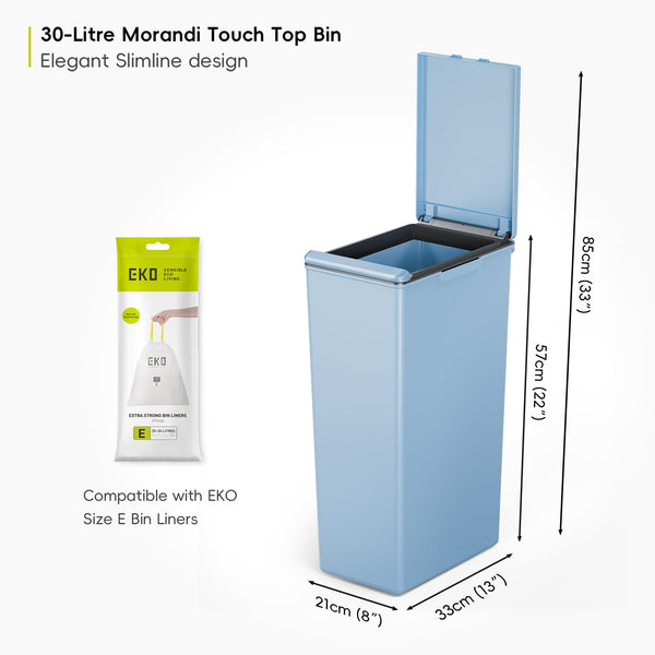 EKO - Morandi Kitchen Bin - Plastic Touch Recycling Bin - Perfect for Kitchen & Home, Titanium Blue, 30 Litre