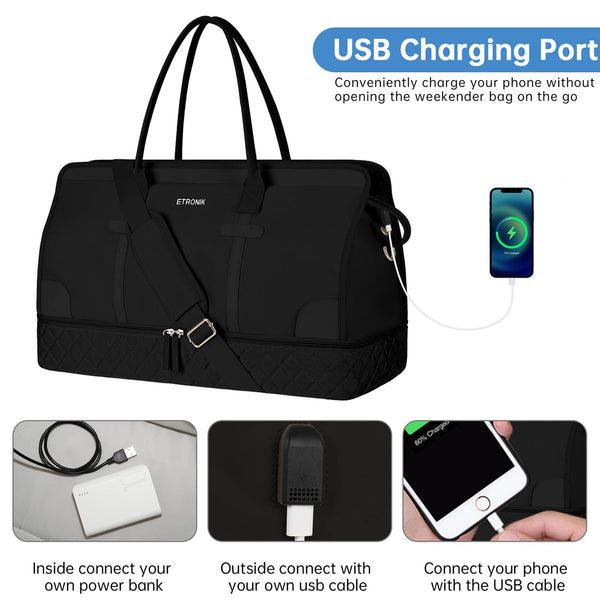 ETRONIK Weekend Overnight Bag for Women, Large Travel Duffle Bag with Shoe Compartment & Wet Pocket, Carry On Tote Bags Gym Duffel Bag with Toiletry Bags for Hospital 3 Pcs Set, Black