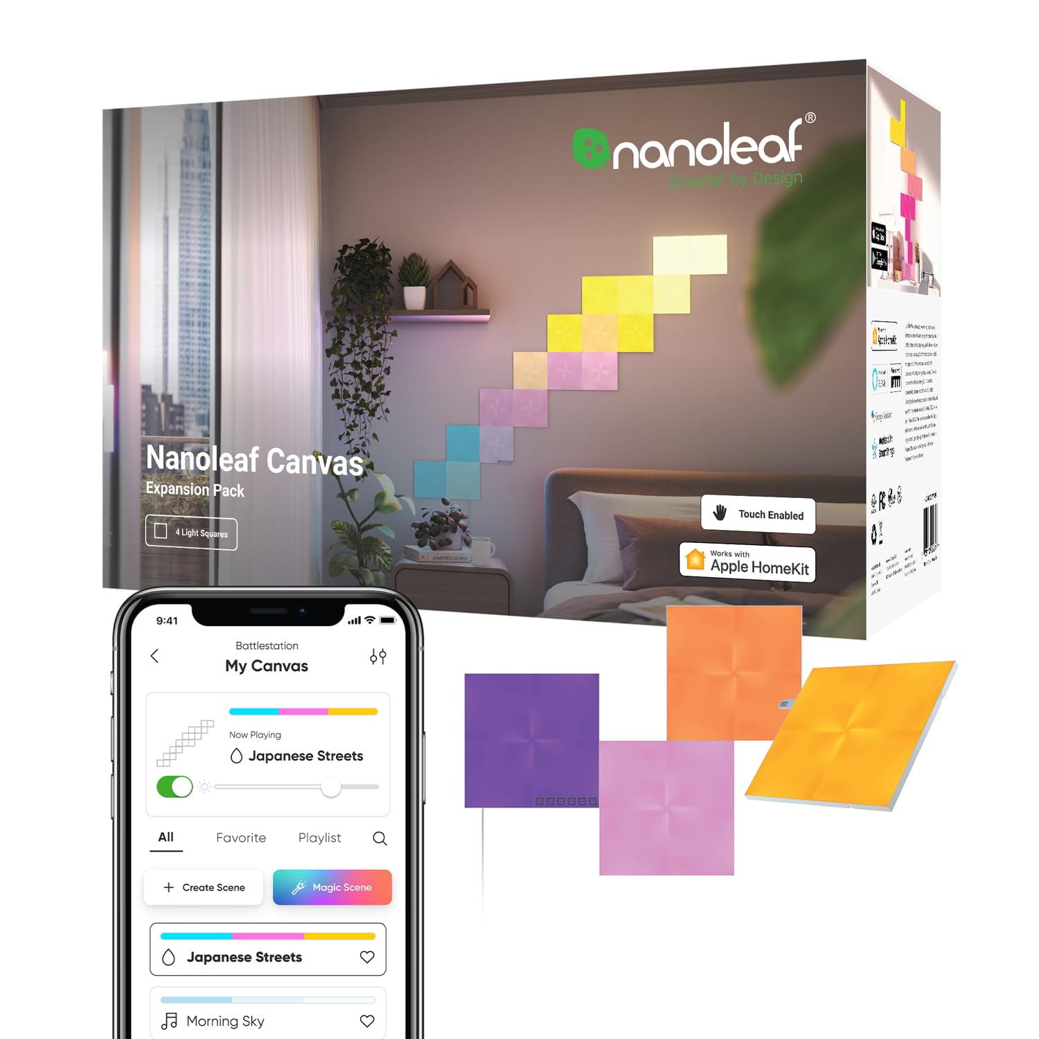 Nanoleaf Canvas Expansion Pack, 4 Additional Light Squares, Smart LED RGBW Wall Lights - Modular Wi-Fi Colour Changing Panels, Works with Alexa Google