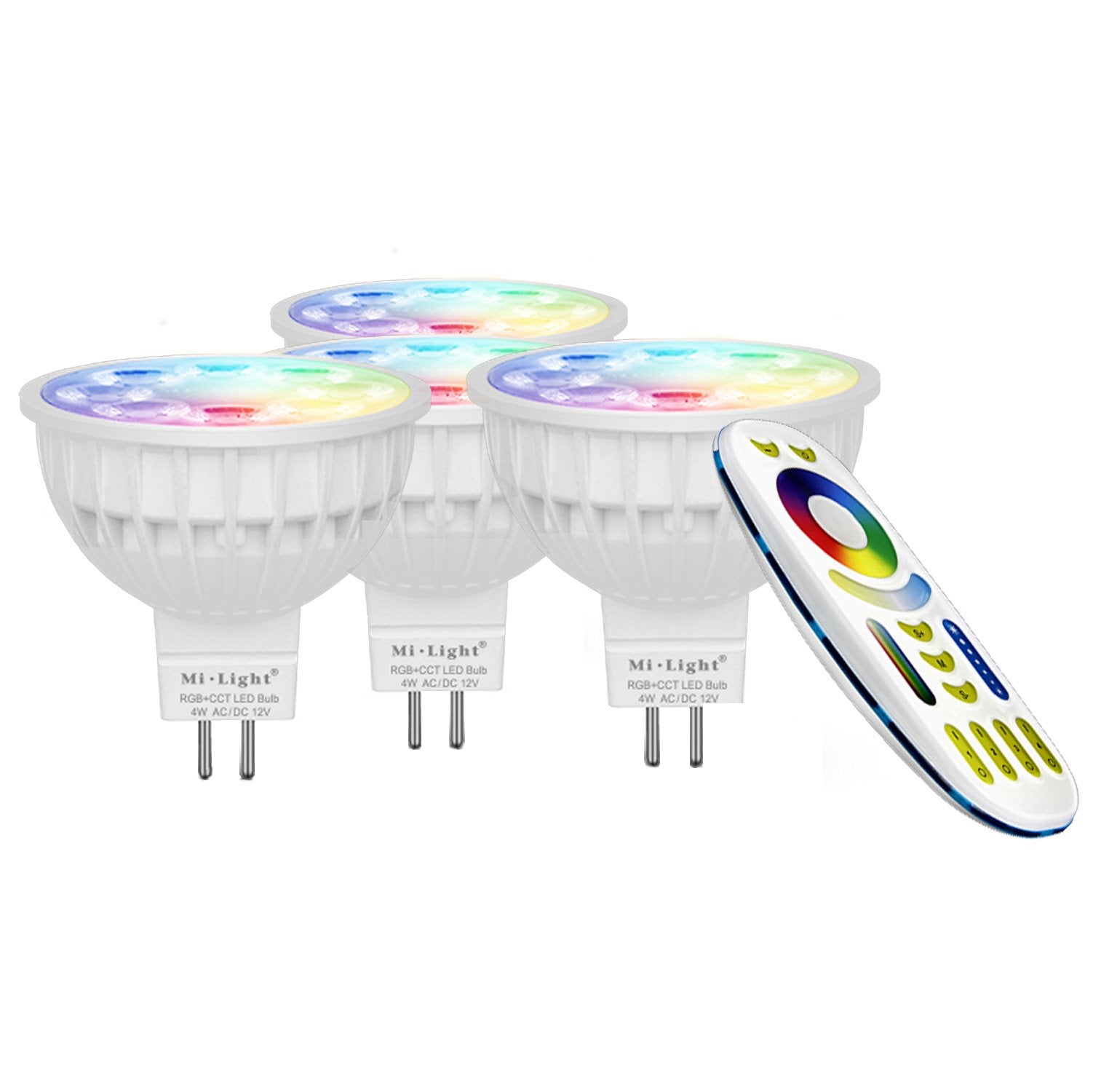 LIGHTEU, 4X 4W 12V MR16 GU5.3 RGB+CCT LED Spotlight Color Changing and CCT WW CW Temperature Adjustable, Original Mi-Light, Bulb with a 4-Zone Remote