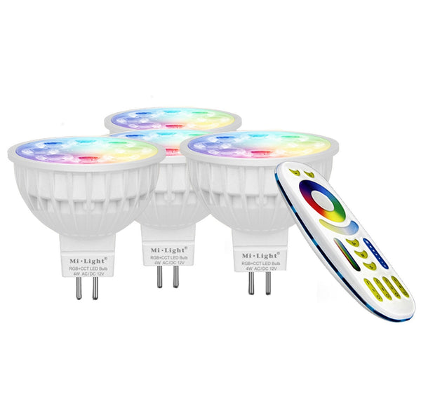 LIGHTEU, 4X 4W 12V MR16 GU5.3 RGB+CCT LED Spotlight Color Changing and CCT WW CW Temperature Adjustable, Original Mi-Light, Bulb with a 4-Zone Remote