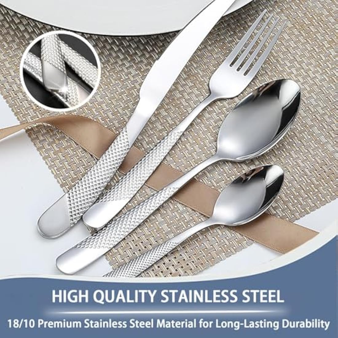 Cutlery Set with Stand, 24 Piece Gold Silverware Set Cutlery Set, Stainless Steel Flatware Set for 6 Person, Mirror Polished Tableware Set with Holder for Home Kitchen (Silver)