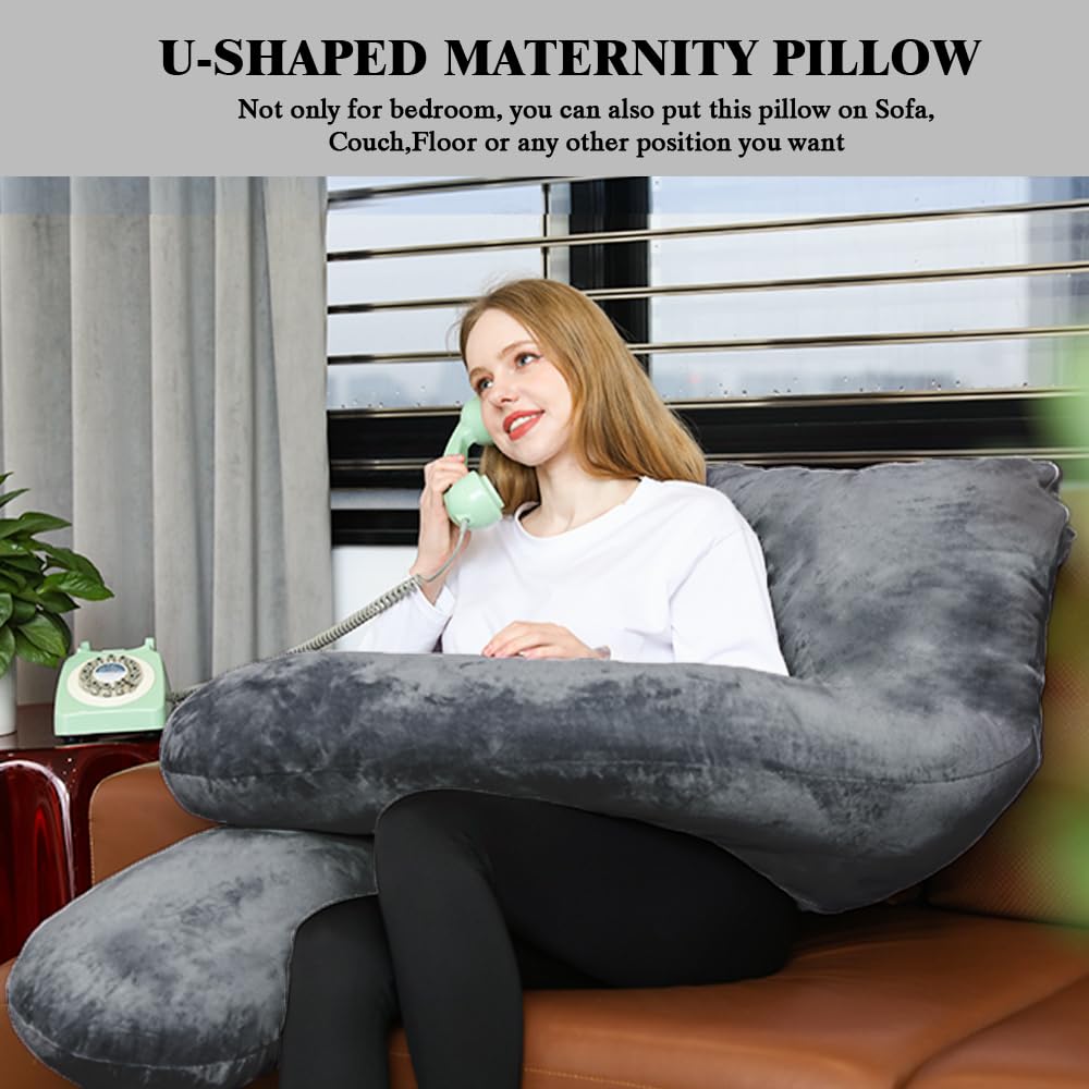 Chilling Home Pregnancy Pillows for Sleeping,U Shaped Maternity Pillow Pillow,55 inch Full Body Pillow Long Pillows for Sleeping, Maternity&Body Pillows for adults with Cover Velvet,Light Black