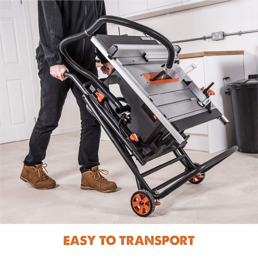 Evolution Power Tools R255TBLX+ Table Saw With Stand (Next Gen Rage 5-S) Multi-Material Cutting Blade Included Cuts Wood Metal Plastic, 45˚ Bevel, +/- 60˚ Mitre Angle, 85mm Cut Depth, 1800w Motor 240v