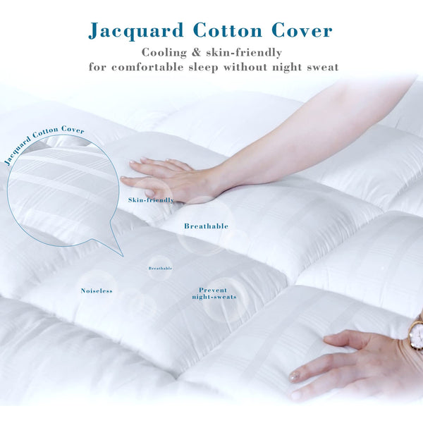 Threads For Bed Extra Thick Mattress Topper Double Bed 100% Cotton Cover, Soft Mattress Bed Topper Pad with Elastic Anchor Corner Straps, Baffle Box