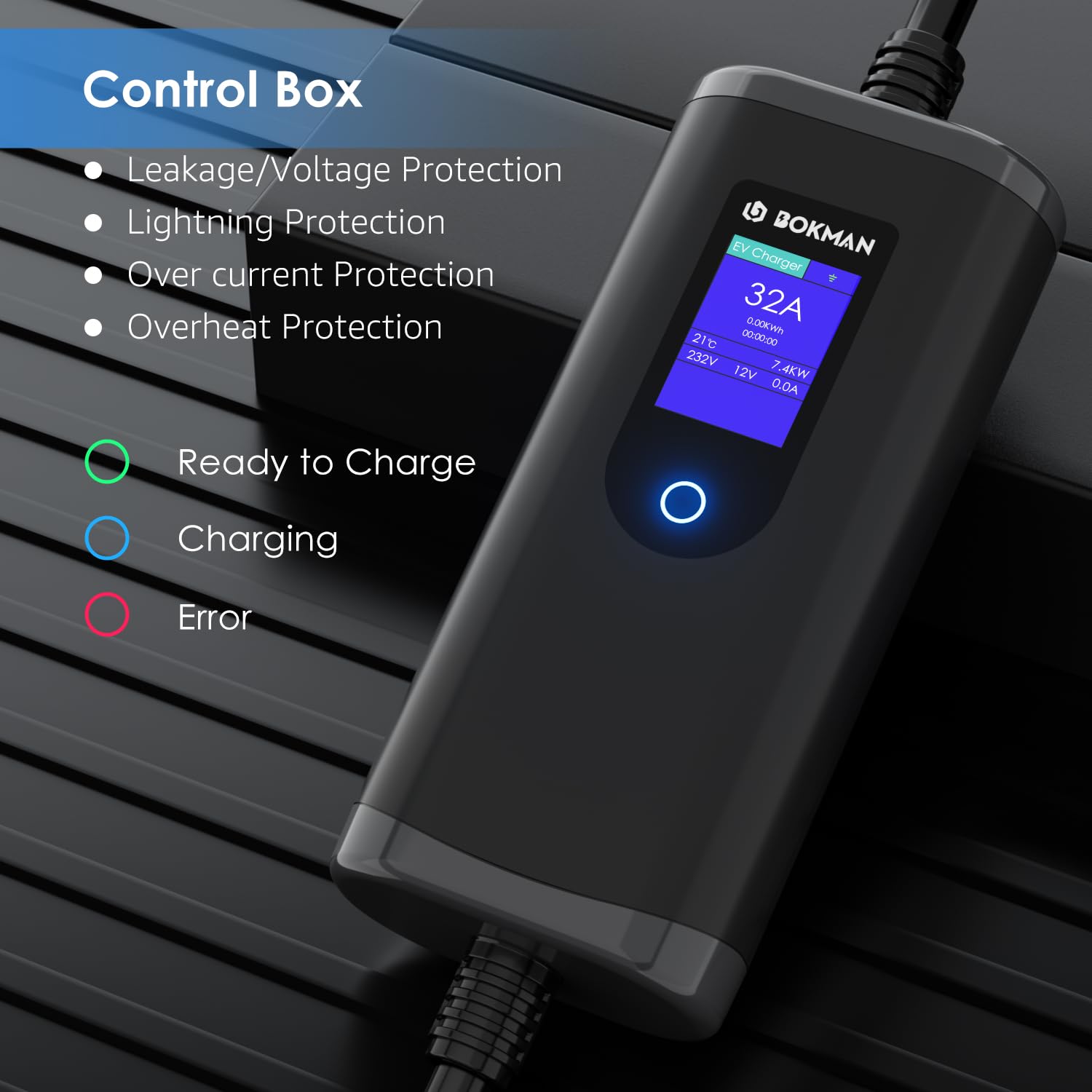 bokman EV Charger Type 2 to 3 Pin Plug, 5M / 3.3kW / 13A / IP65 Waterproof, Electric Car Charger with LED Indicators, Type 2 Charging Cable 3 Pin with Carry Bag & Microfiber Towel