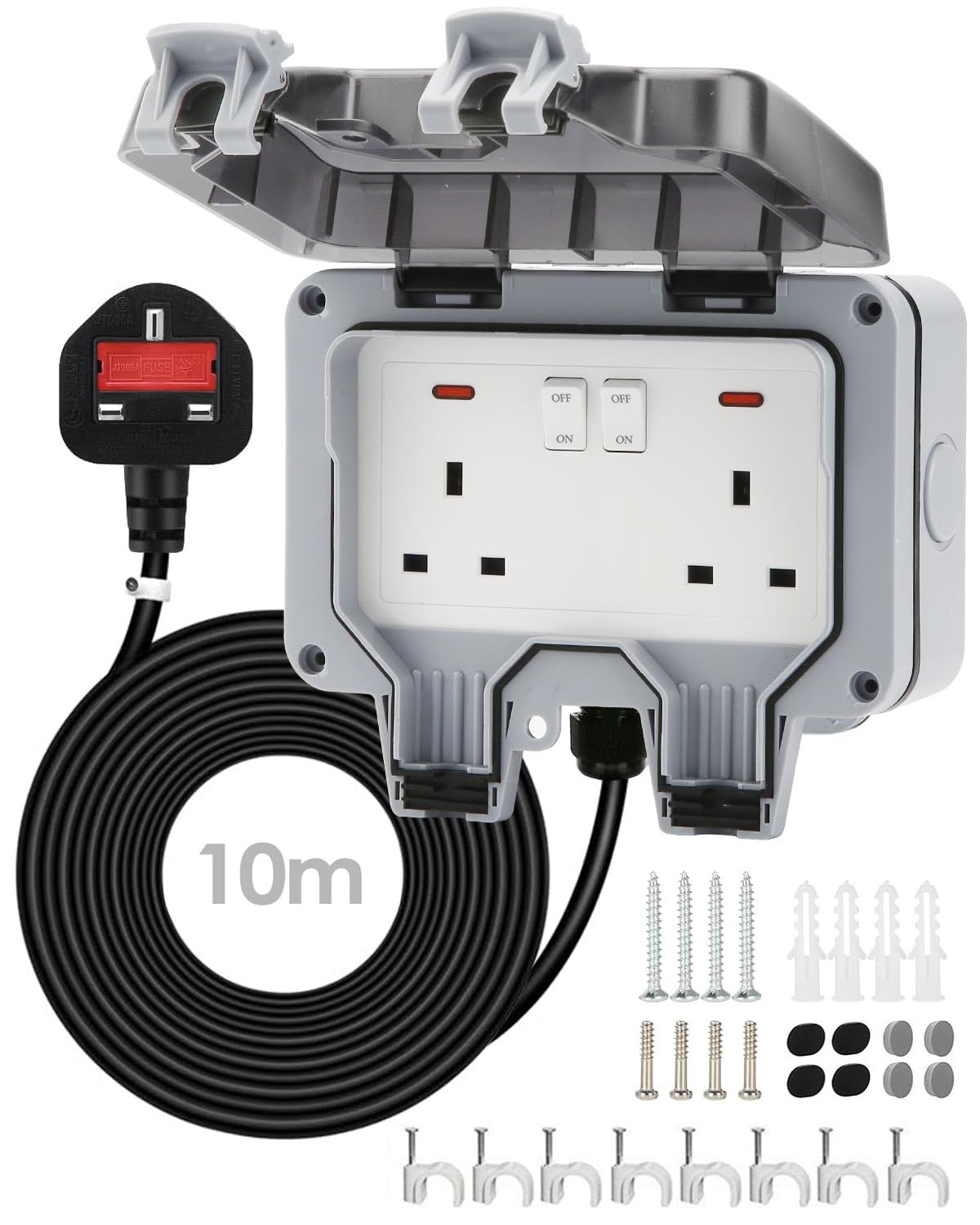 Zenmos Double Outdoor Socket 3M Extension Lead, Outdoor Plug Sockets Waterproof IP66, 13Amp 2 Gang Outside Plug Socket Waterproof, Switch Indicator Light Garden Wall Electrical Outlet Cover Box