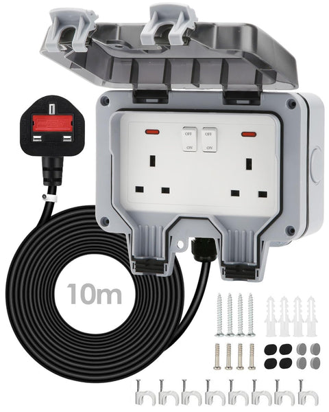 Zenmos Double Outdoor Socket 3M Extension Lead, Outdoor Plug Sockets Waterproof IP66, 13Amp 2 Gang Outside Plug Socket Waterproof, Switch Indicator Light Garden Wall Electrical Outlet Cover Box