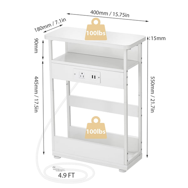 YEAKOO Narrow Side Table with Storage Shelf, 3 Tier Slim End Table Sofa Table for Narrow & Small Spaces, Bedside Table Small Nightstand with Magazine