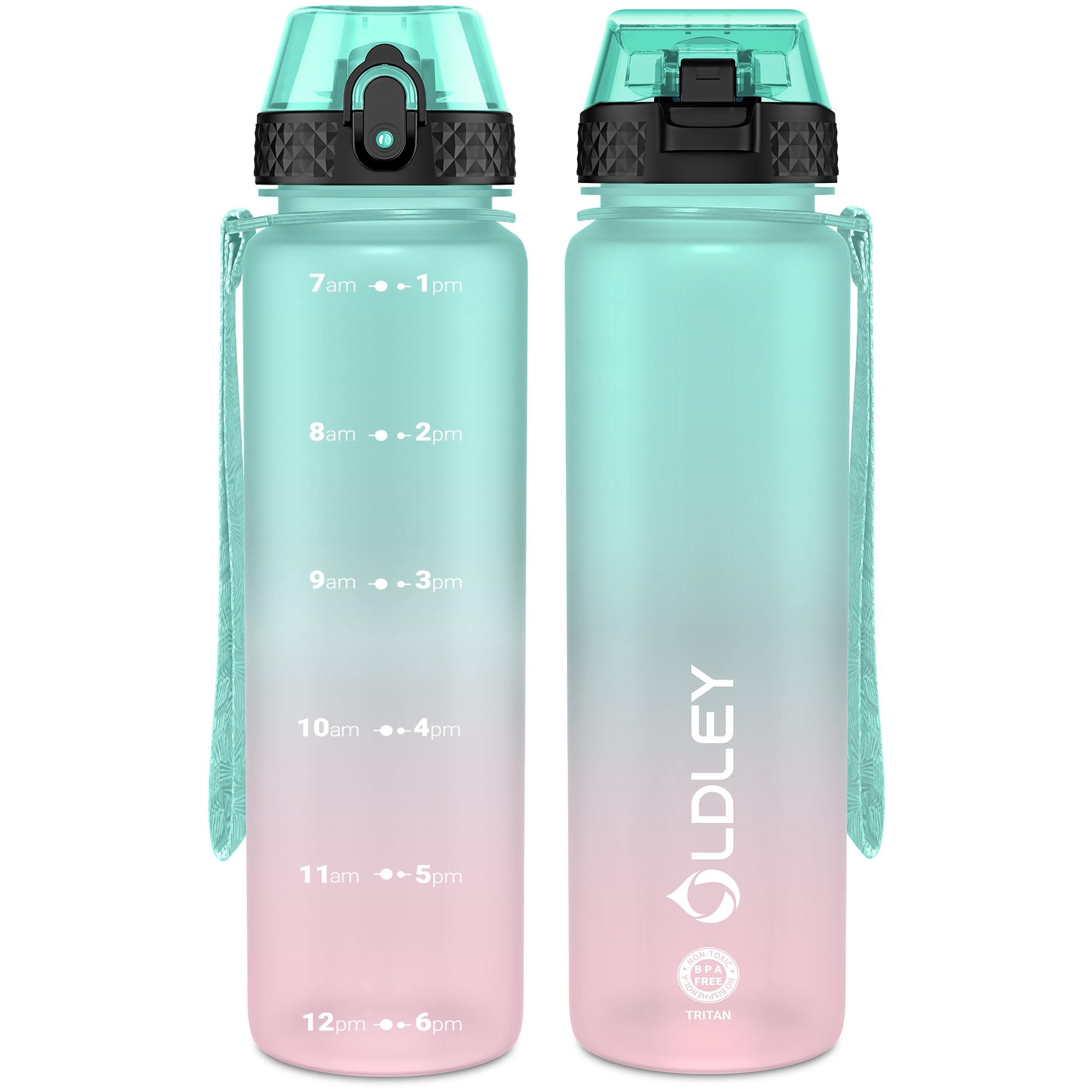 OLDLEY 1L/32oz Sports Water Bottle, 1000ml Motivational Drinks Bottle with Time Markings Leak Proof Drink & Lock Cover & No Straw, BPA Free for Adults Women Men Gym School Cycling Running Hiking