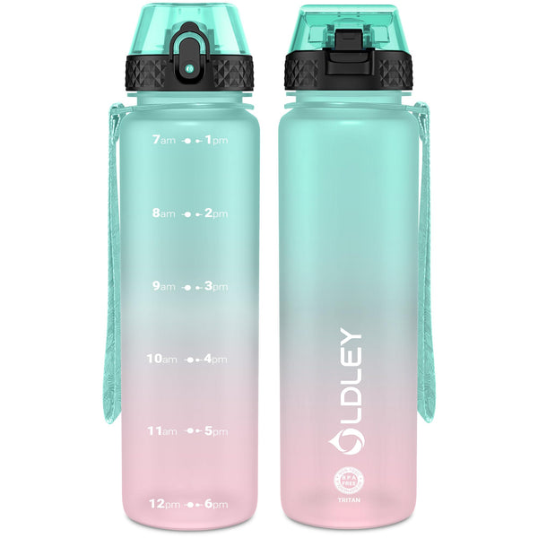 OLDLEY 1L/32oz Sports Water Bottle, 1000ml Motivational Drinks Bottle with Time Markings Leak Proof Drink & Lock Cover & No Straw, BPA Free for Adults Women Men Gym School Cycling Running Hiking